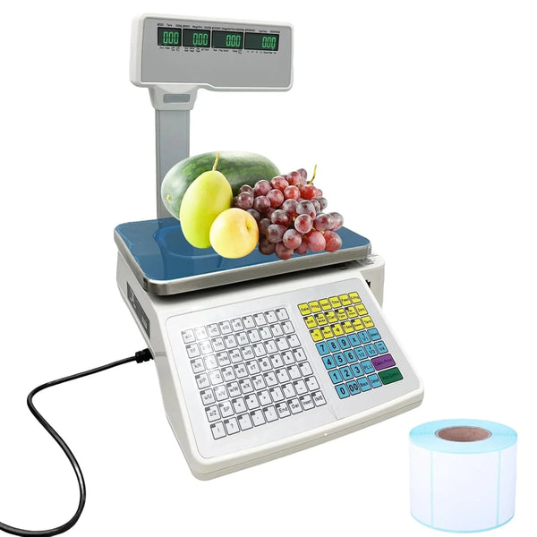Commercial digital scale, equipped with thermal printer, 4 window vertical double-sided LCD display, capable of printing labels, maximum load capacity of 66 pounds, 110 volts, portable, suitable for storage areas, restaurants, bakeries C6769