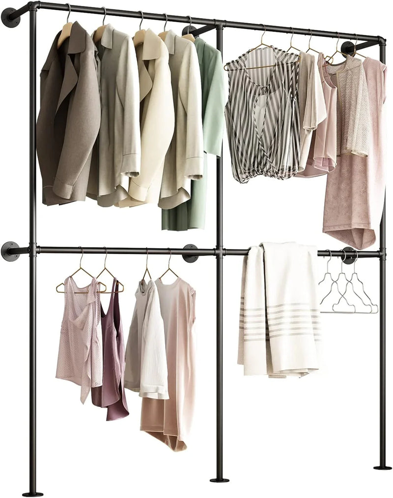 Industrial-style wall-mounted pipe clothes hanger, wall-mounted clothes hanger with double hanging rods, for closet storage (gold) A4031