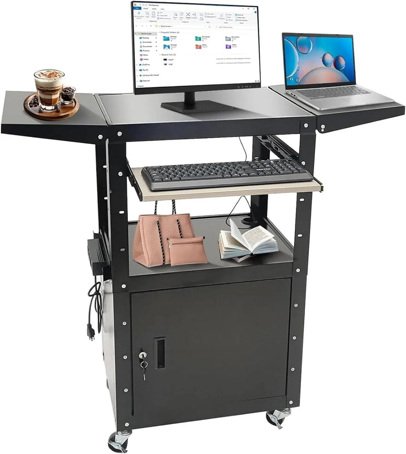Upgraded AV Cart, Adjustable-Height Steel AV Cart with Locking Cabinet and Pullout Keyboard Tray, Rolling Media Cart with Wheels & Power for Computer Laptop Projector Printer (Black/43"x18"x43") T2397