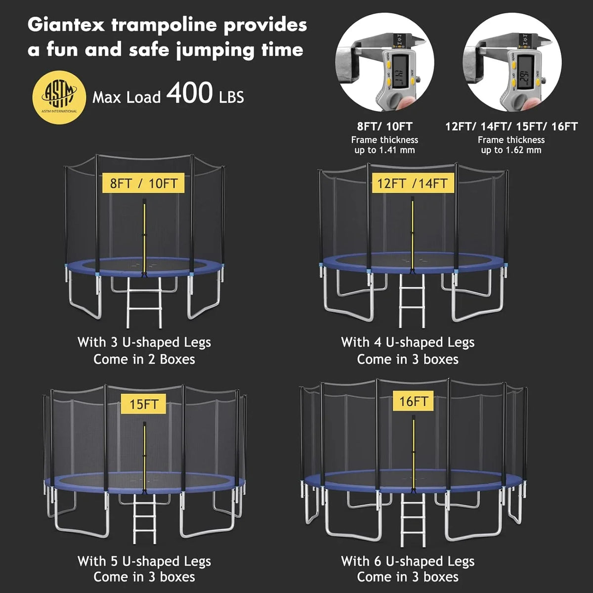 8 feet, 10 feet, 12 feet, 14 feet, 15 feet, 16 feet children's and adult trampolines. Certified by ASTM with netting. Made of thick steel plates, durable, suitable for outdoor large-scale leisure trampolines in various weather conditions, equipped wi