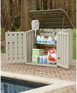 Poly resin outdoor storage shed, with floor (4.5 feet x 3 feet), weather-resistant, beige/brown, suitable for storing and organizing household/backyard/swimming pool chemicals/toys/garden tools/porch/terrace cushions.
