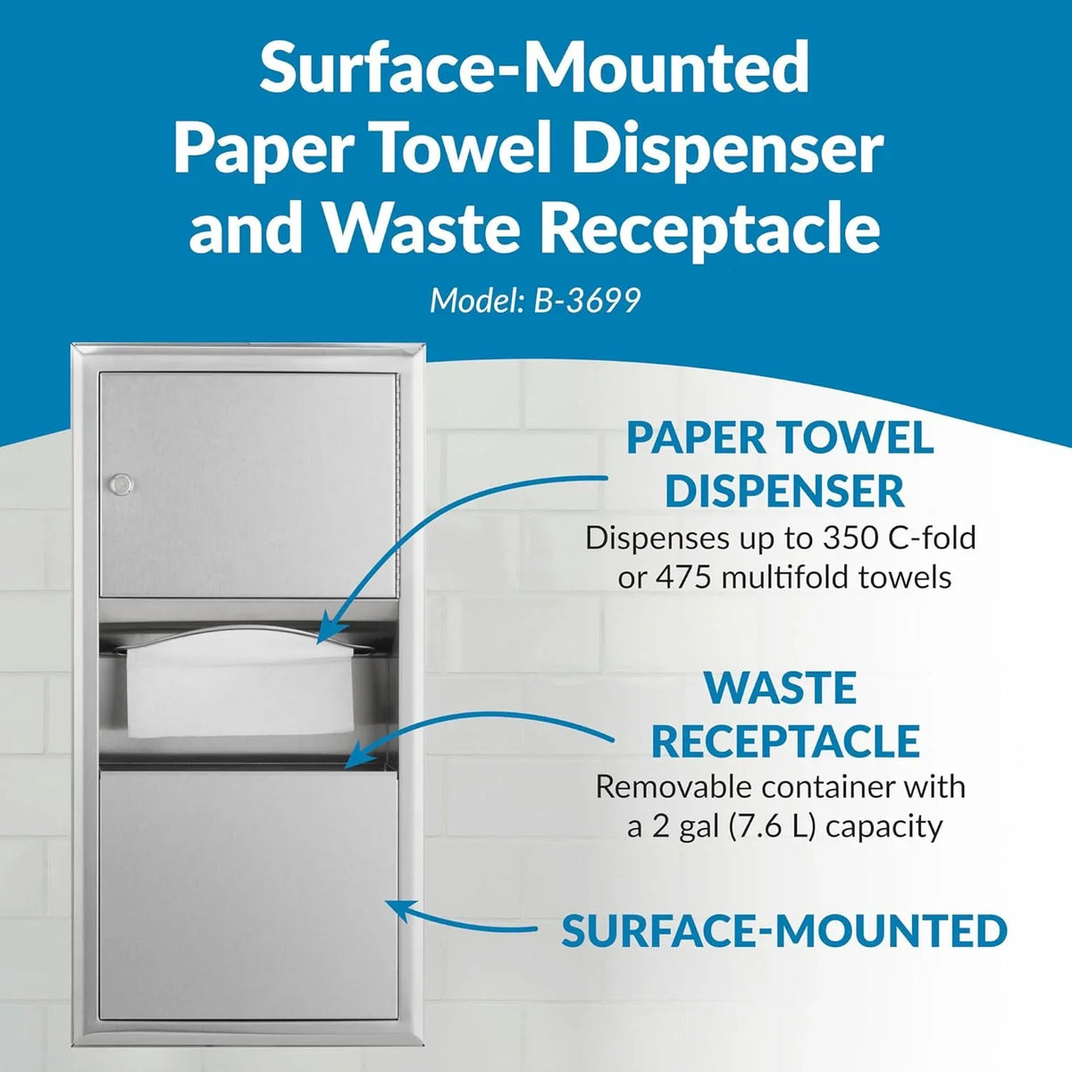 Wall-mounted tissue dispenser and waste paper storage box. Mirror-polished stainless steel material. 2-gallon capacity. Can hold 350 single-layer or 475 multi-layer tissues. Easy to install. Suitable for commercial bathrooms.
