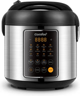 Compact electric rice cooker, 6-in-1 stainless steel multi-functional cooking utensil, slow cooker, steamer, frying pan, heater and warmer, 2-gallon capacity (8 cups cooked, 4 cups uncooked), suitable for brown rice, quinoa and oats, 6 one-button pro