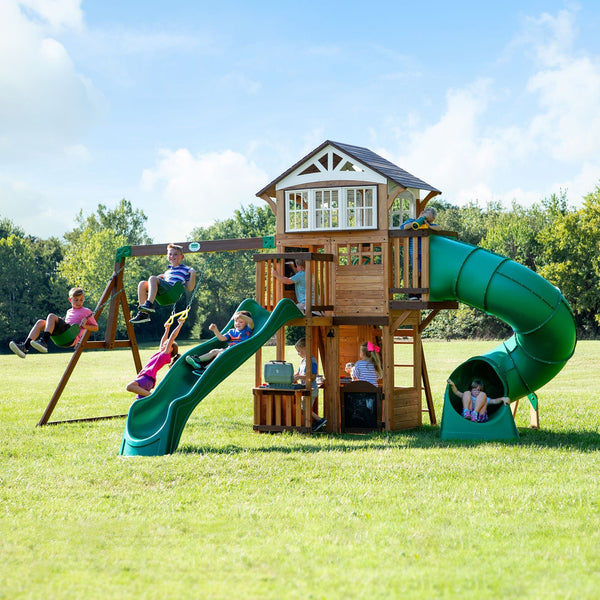 Kids' Bristol Point Cedar Wood Swing Set with Swing Beam, Upper & Lower Fort, Rock Wall & Slide Play for up to 11 Kids A6111