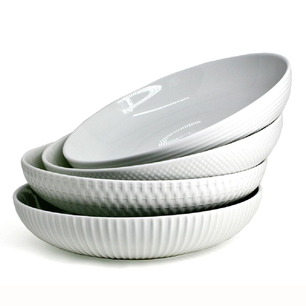 Embossed White Dinner Bowl Set, 24-cm, 4-pc