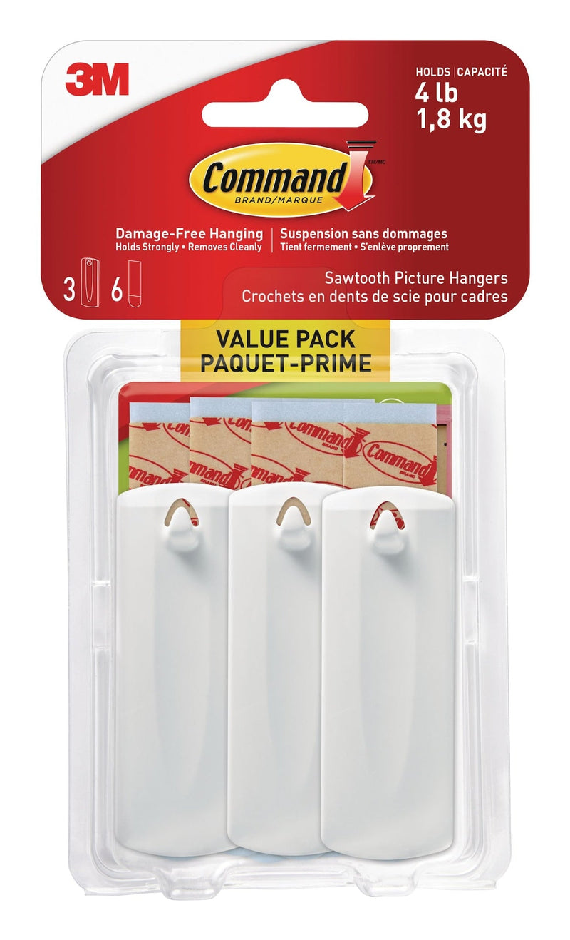 Adhesive Sawtooth Picture Hanging Hooks with Adhesive Strips, White, 4-lbs, 3 Strips per Pack R985