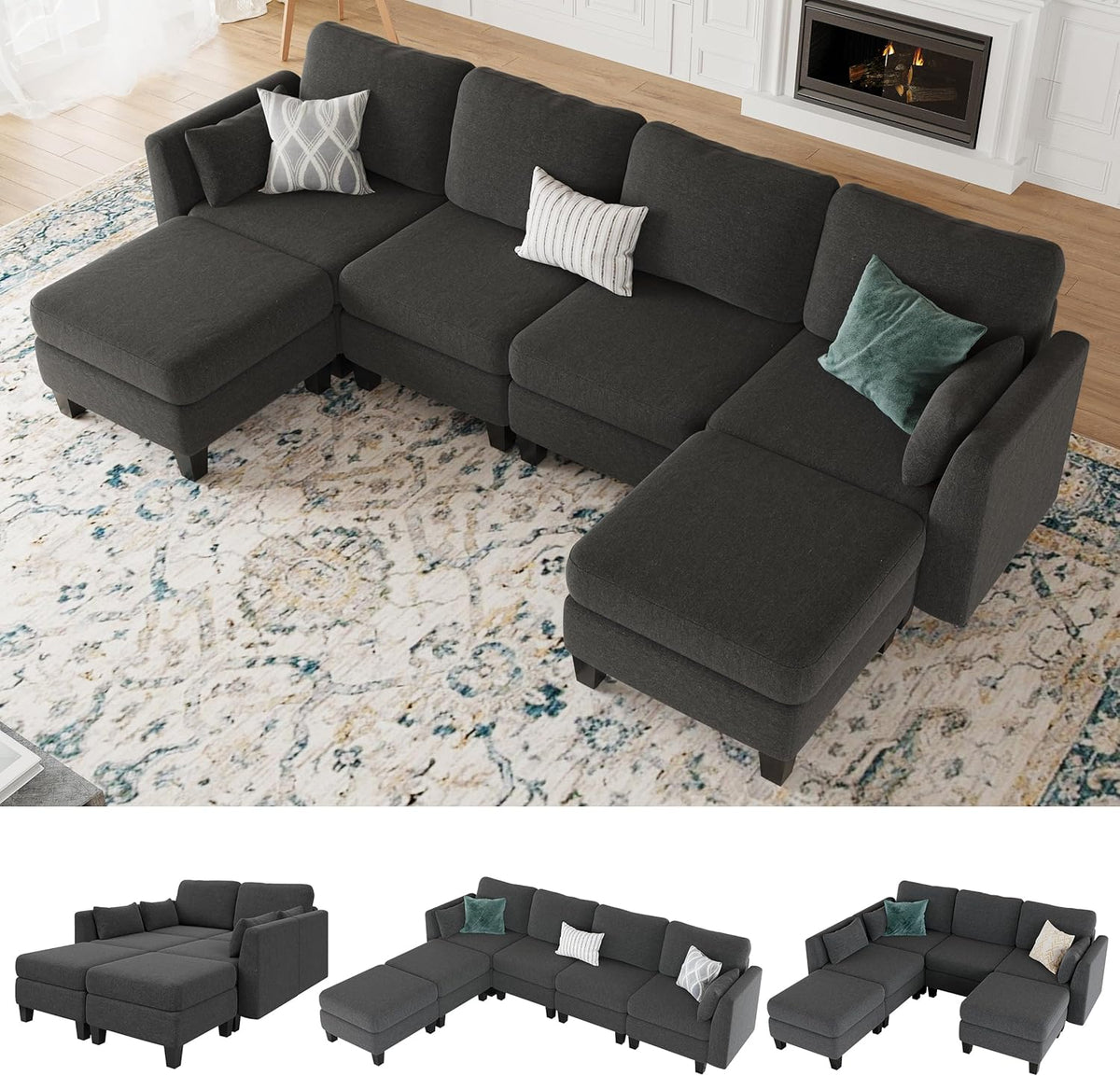 Modular Sectional Sofa, Convertible U Shaped Sofa Couch with High Density Memory Foam, 6 Seat Comfy Modular Sofa Couch Room, Modern U Shaped Sectional Sofa, Dimgrey