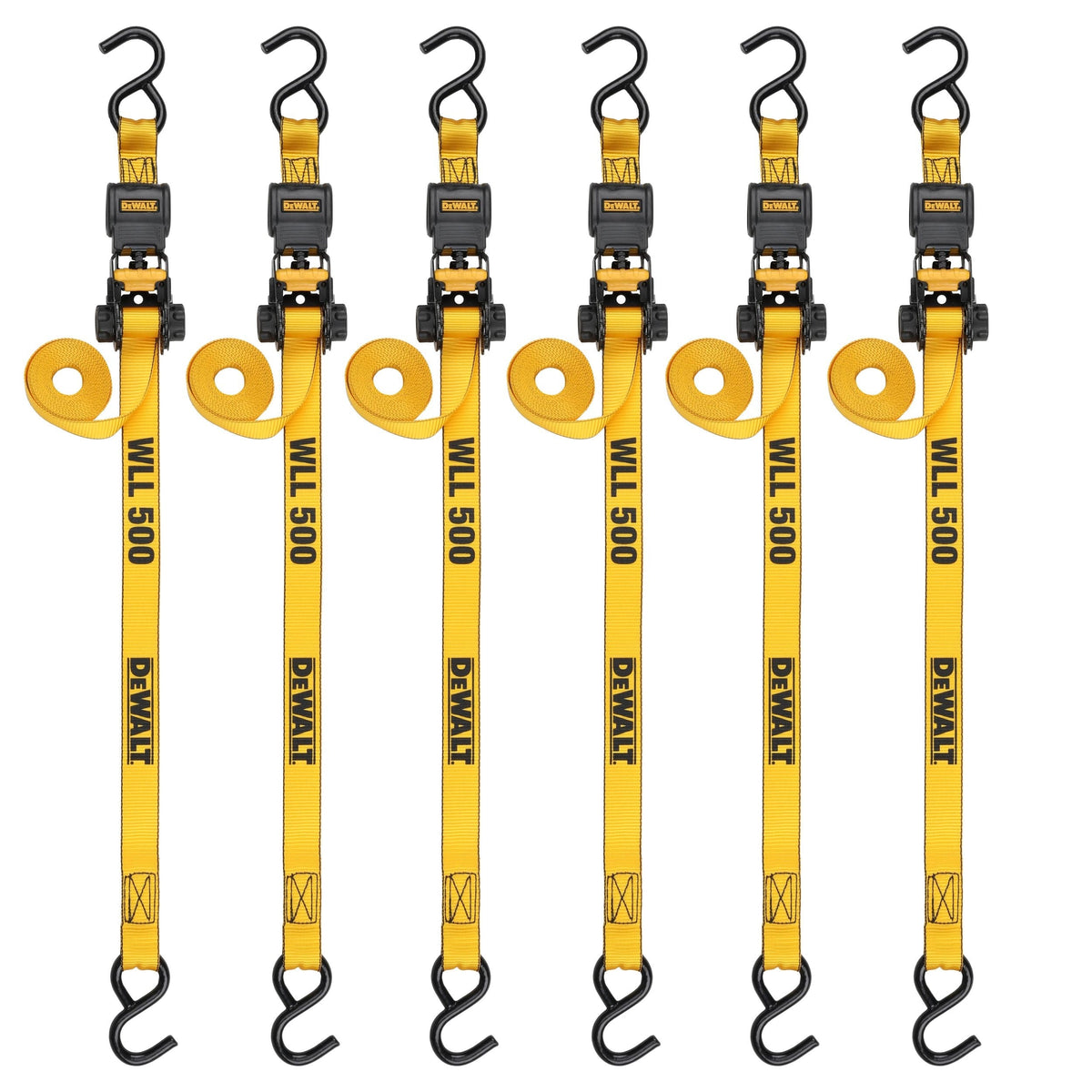 DXBC15006X 1,500-lb Ratchet Tie-Down, with Storage Bag, 1-in x 10-ft, 6-pk, Yellow