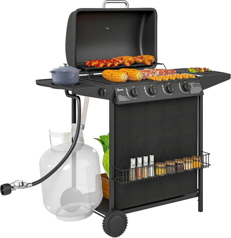 4 1 Burner Propane Gas BBQ Grill, Portable Gas Barbecue Grill with Side Burner, Thermometer, Lid, Side Table, Shelf, Spice Rack, Wheels, Grease Cup for Garden, Black B8944