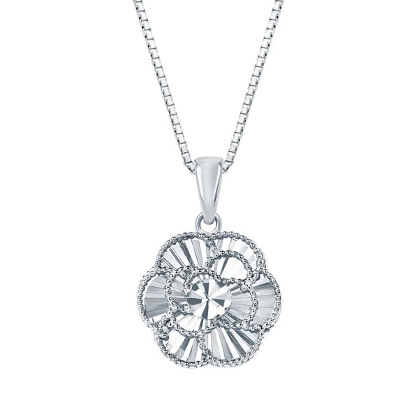 Diamond Cut Floral Pendant in White Gold P9576