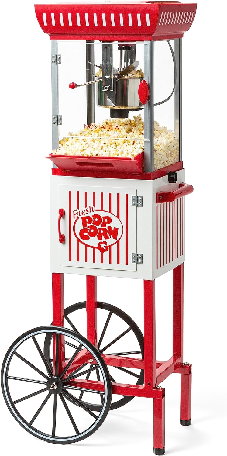 Popcorn Maker Machine - Professional Cart With 2.5 Oz Kettle Makes Up to 10 Cups - Vintage Popcorn Machine Movie Theater Style - Red & White P8168
