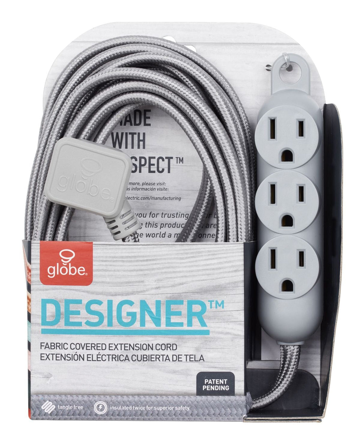 12-ft 16/3 Fabric Extension Cord, Right Angle Plug, 3 Outlets, Grey