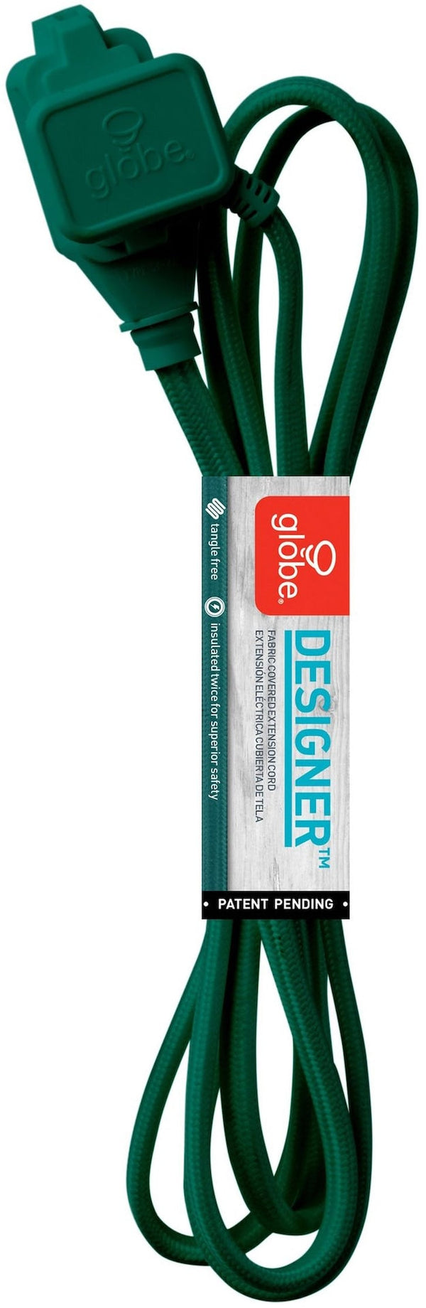 9-ft 16/2 Fabric Extension Cord, Right Angle Plug, 3 Outlets, Green N8575
