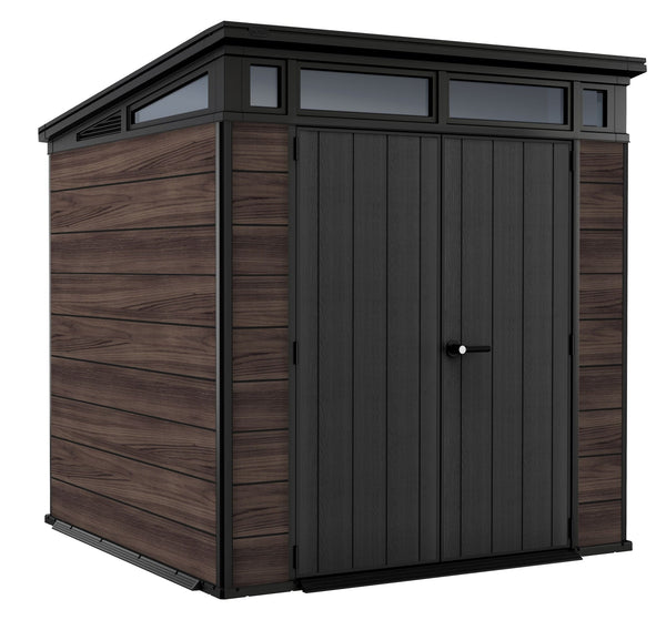 Pent Durable DecoCoat Lockable 2-Door Resin Outdoor Storage Shed with Windows, Brown, 7-ft x 7-ft Q388