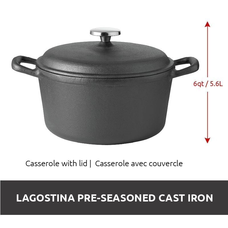 Pre-Seasoned Casserole Dish, Cast Iron, Black, 6-qt