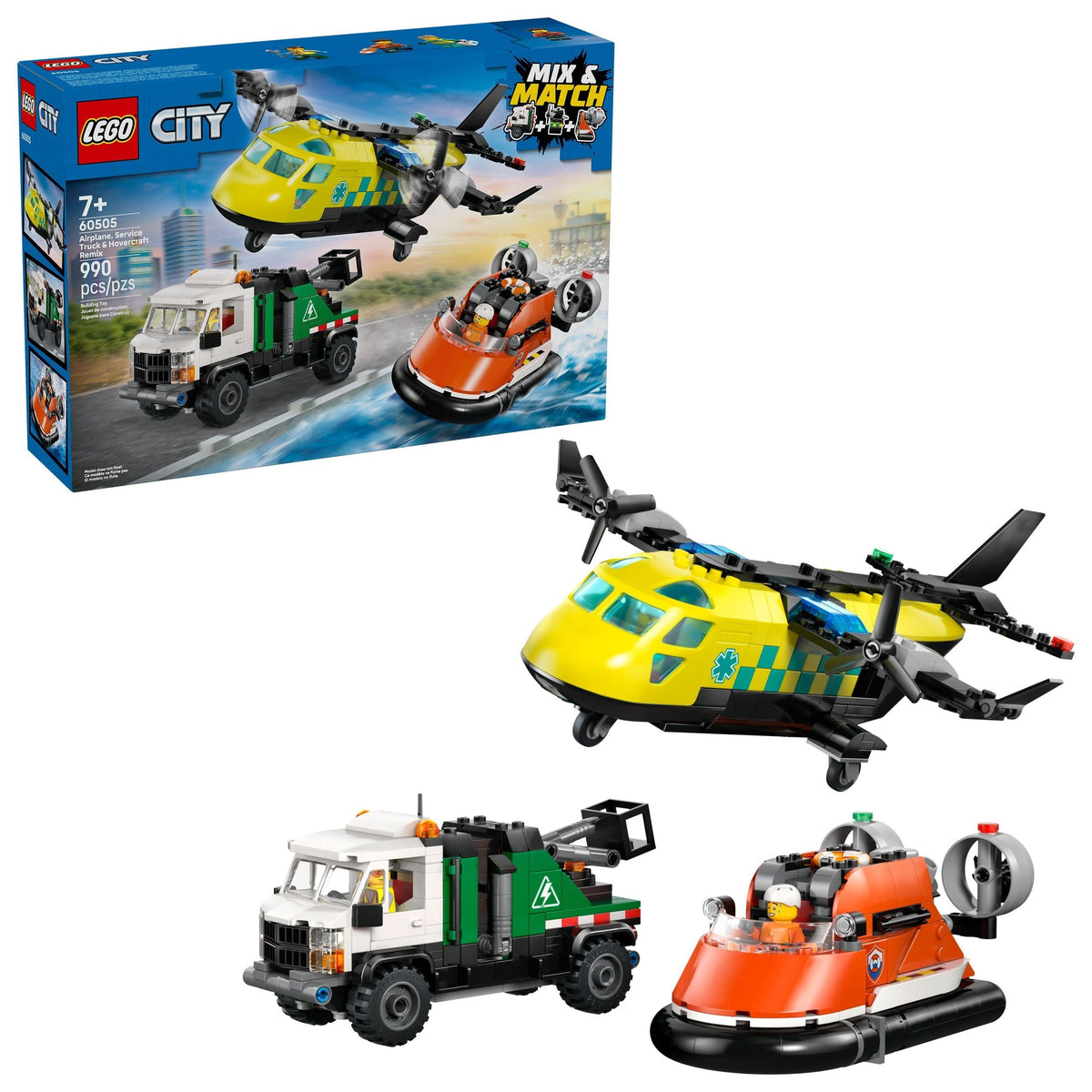 City Airplane Service, Truck & Hovercraft Remix Building Set - 60505, 990-pcs, Ages 7+