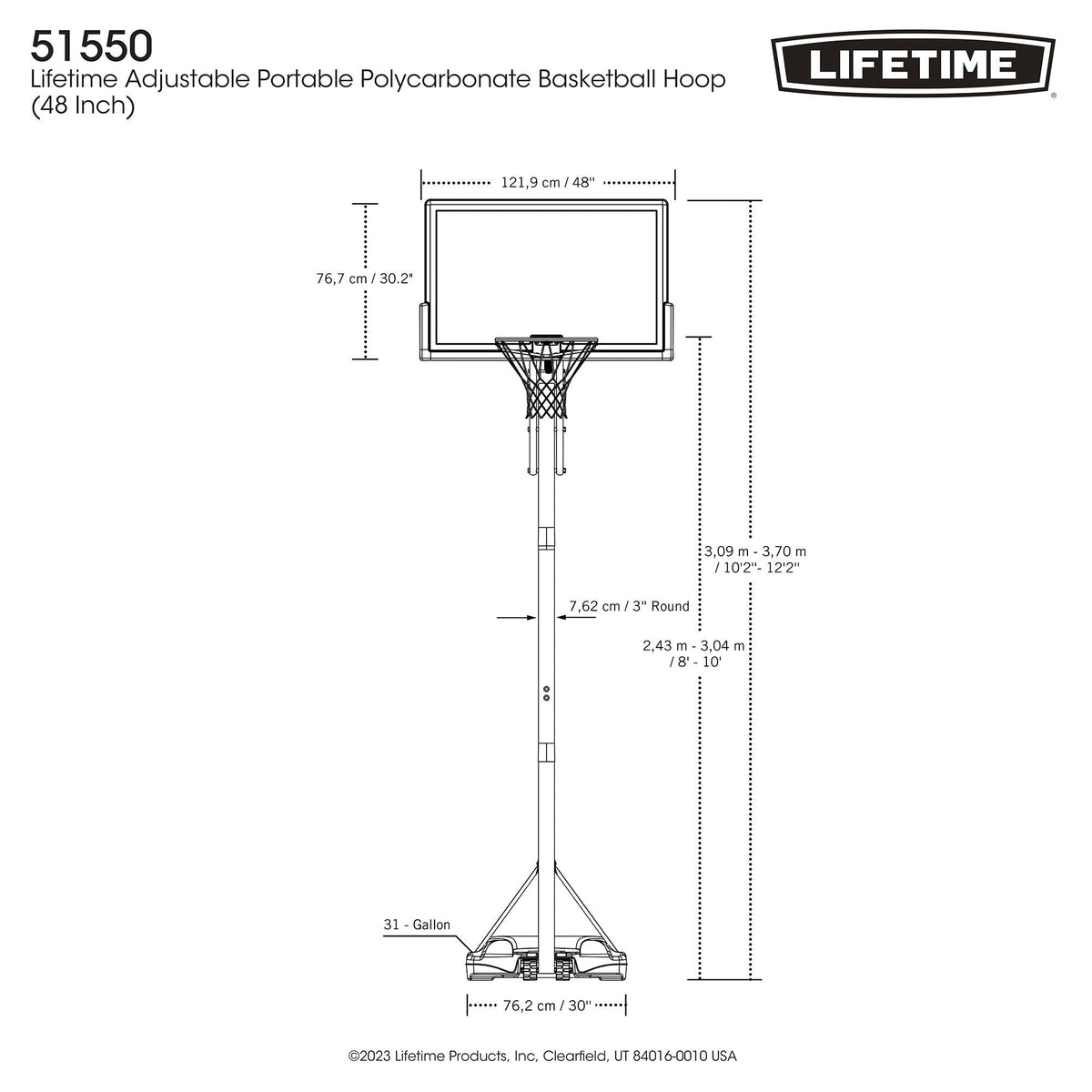 Portable Adjustable Basketball Backboard, Hoop & Net System, 48-in