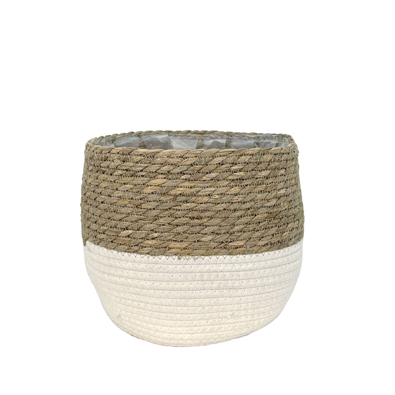 Lynne Weave Cotton Jute Round Basket Planter with Leaf-Proof Plastic Lining, 8-in I2894