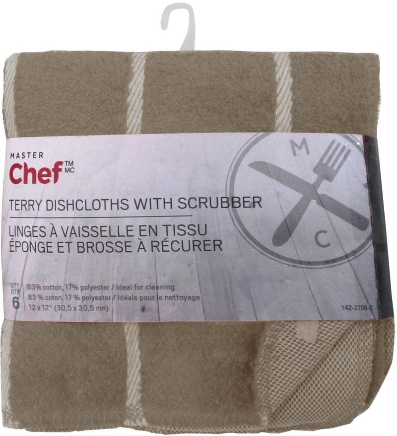 Terry Cotton Checkered Dishcloths with Scrubber, 12-in x 12-in, 6-pk, Brown Z7986