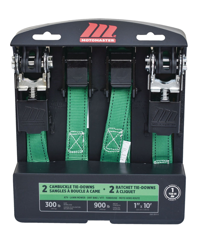 900-lb Ratchet/Cambuckle Tie-Down Straps, Non-Padded, 1-in x 10-ft, 4-pk F9997