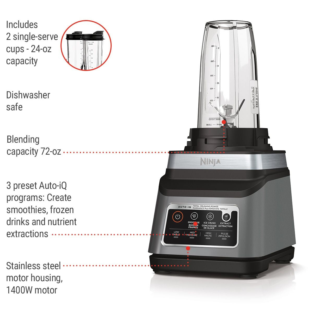Professional Plus Blender DUO with 3 Pre-Set Auto IQ Programs, Stainless Steel, 1400W