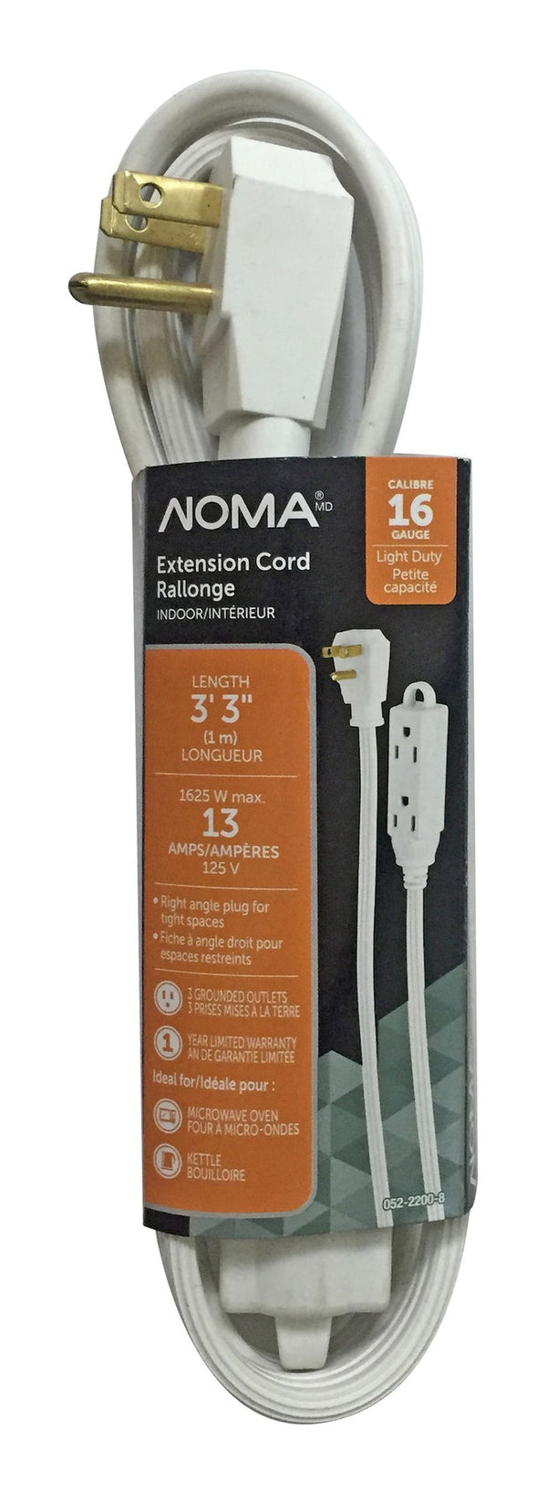 3-ft 3-in 16/3 Indoor Extension Cord with Right Angle Plug, 3 Grounded Outlets, White E3467