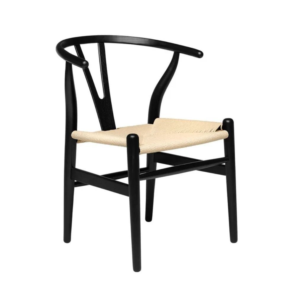 Wishbone Wood Dining Chair with Woven Seat, Black