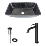 Glass Grey Onyx Bathroom Sink/Basin Set with Matte Black Lexington Faucet and Rectangular Vessel