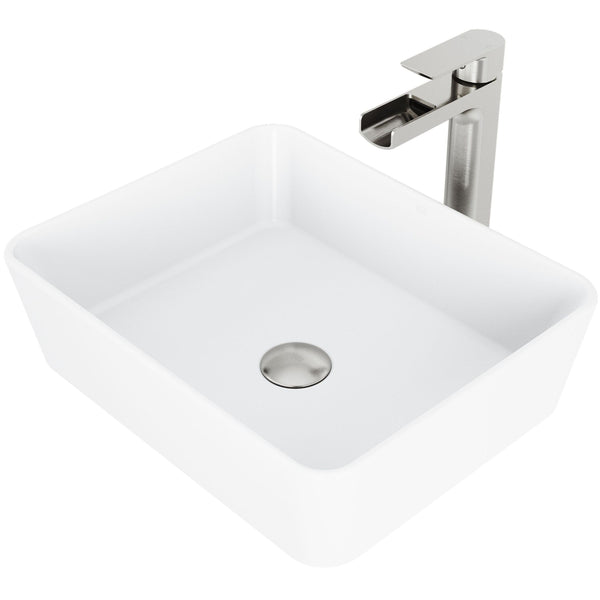 Marigold Matte White Bathroom Sink/Basin Set with Amada Faucet and Rectangular Composite Vessel O6625