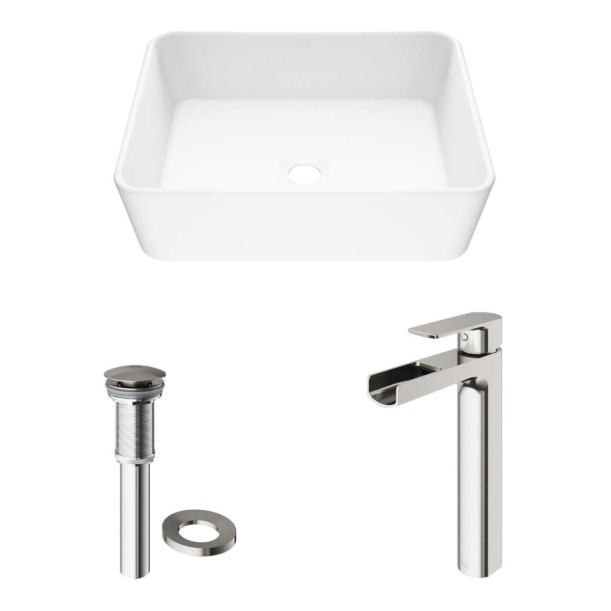 Marigold Matte White Bathroom Sink/Basin Set with Amada Faucet and Rectangular Composite Vessel
