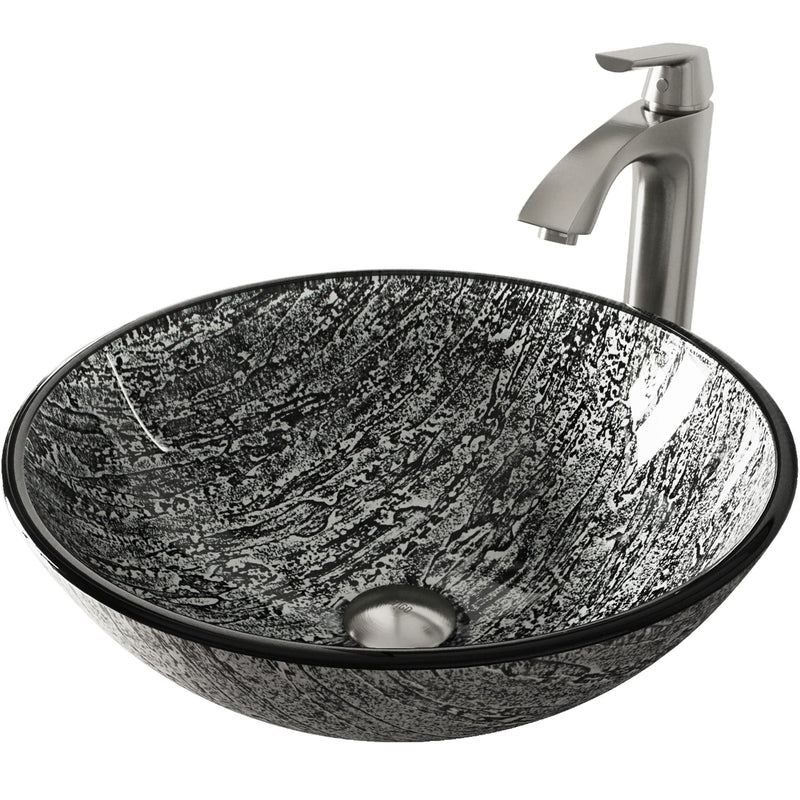 Titanium Glass Slate Grey Bathroom Sink/Basin Set with Linus Faucet and Round Vessel A9820