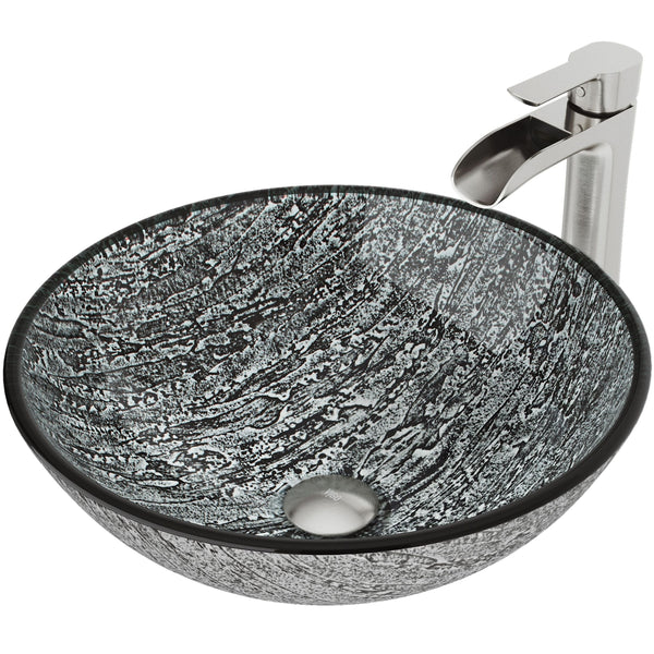 Titanium Glass Slate Grey Bathroom Sink/Basin Set with Niko Faucet and Round Vessel P4304