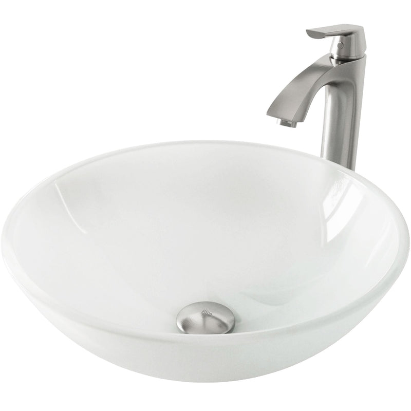 White Frost White Bathroom Sink/Basin Set with Linus Faucet and Round Glass Vessel M7552